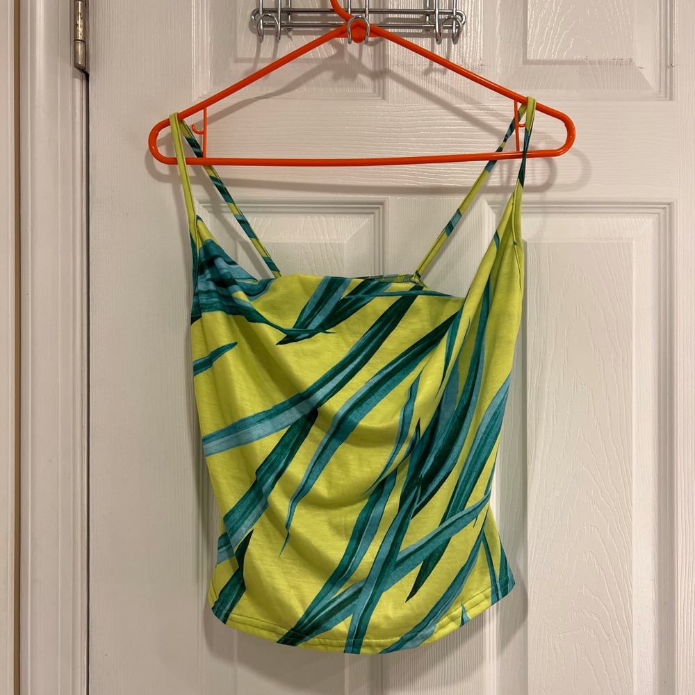 PRETTYLITTLETHING Yellow Green Leaf‎ Print Cowl Neck Cami Tank